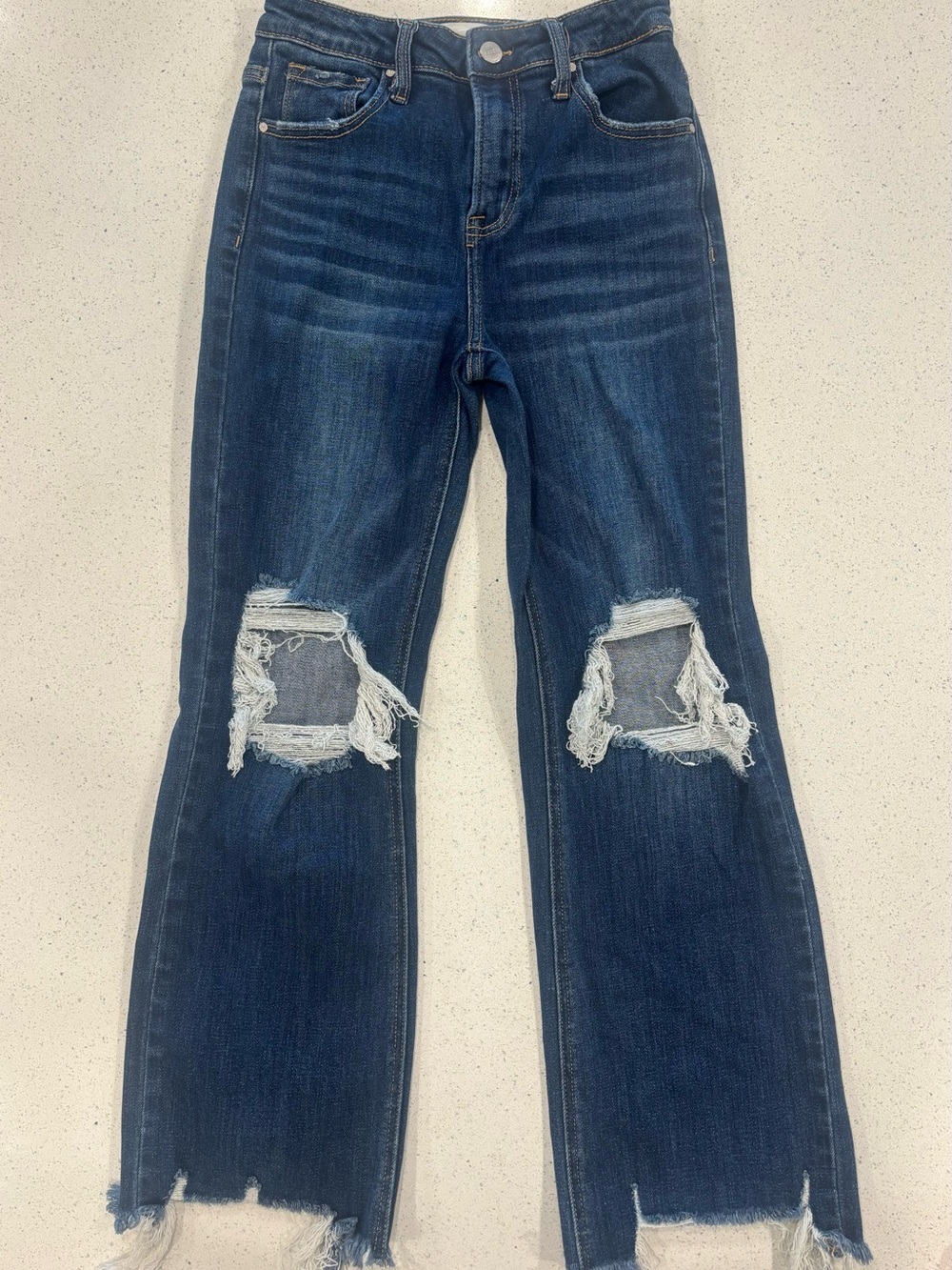 Risen Women’s Distressed High-Rise Dark Wash Raw Hem Crop Jeans Size 3/26